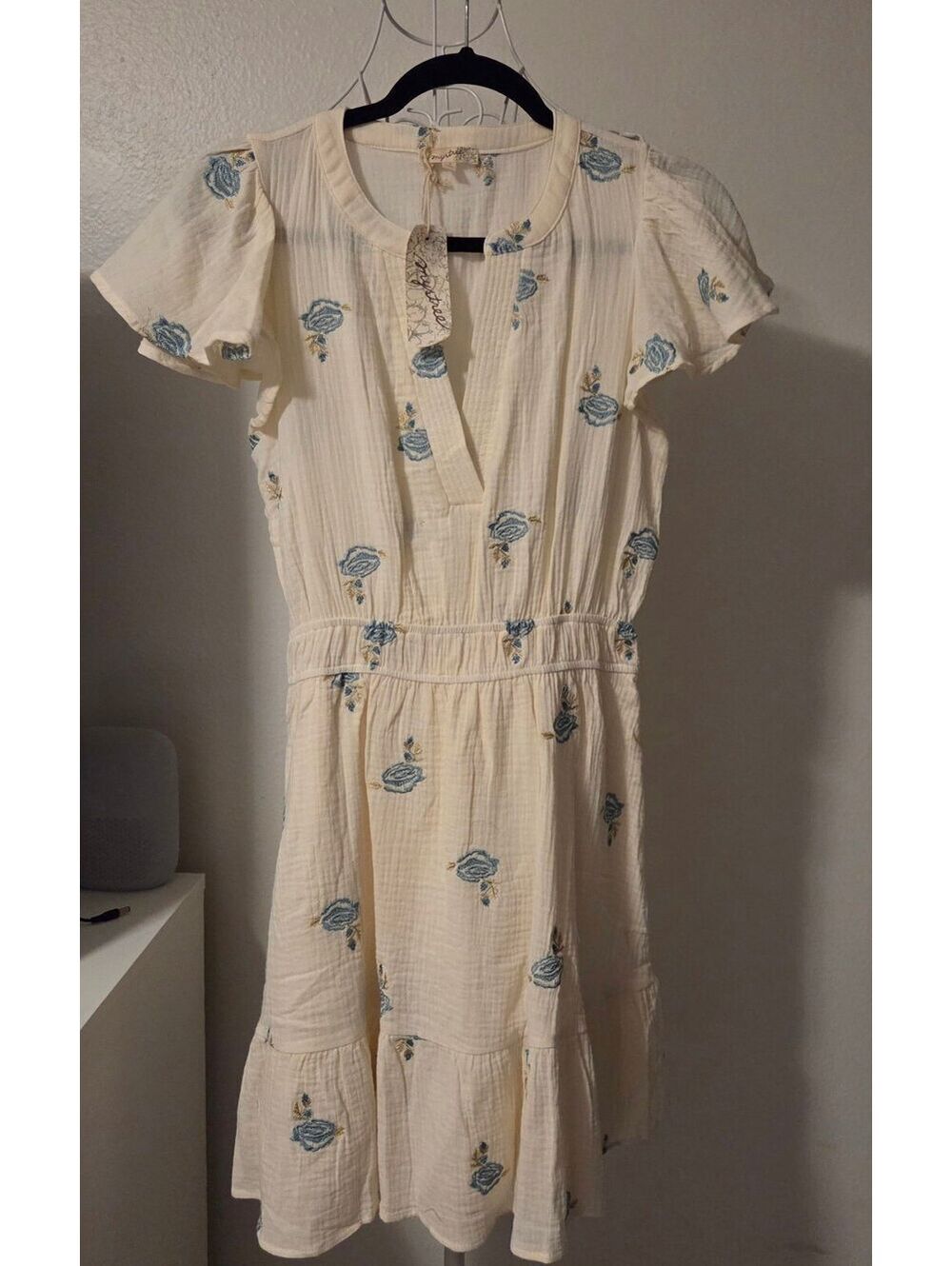 Mystree Cream Dress with Blue Floral Embroidery, Size Small